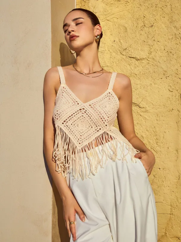 Fringed Crochet Eyelet Crop Top sold by COMMENSE
