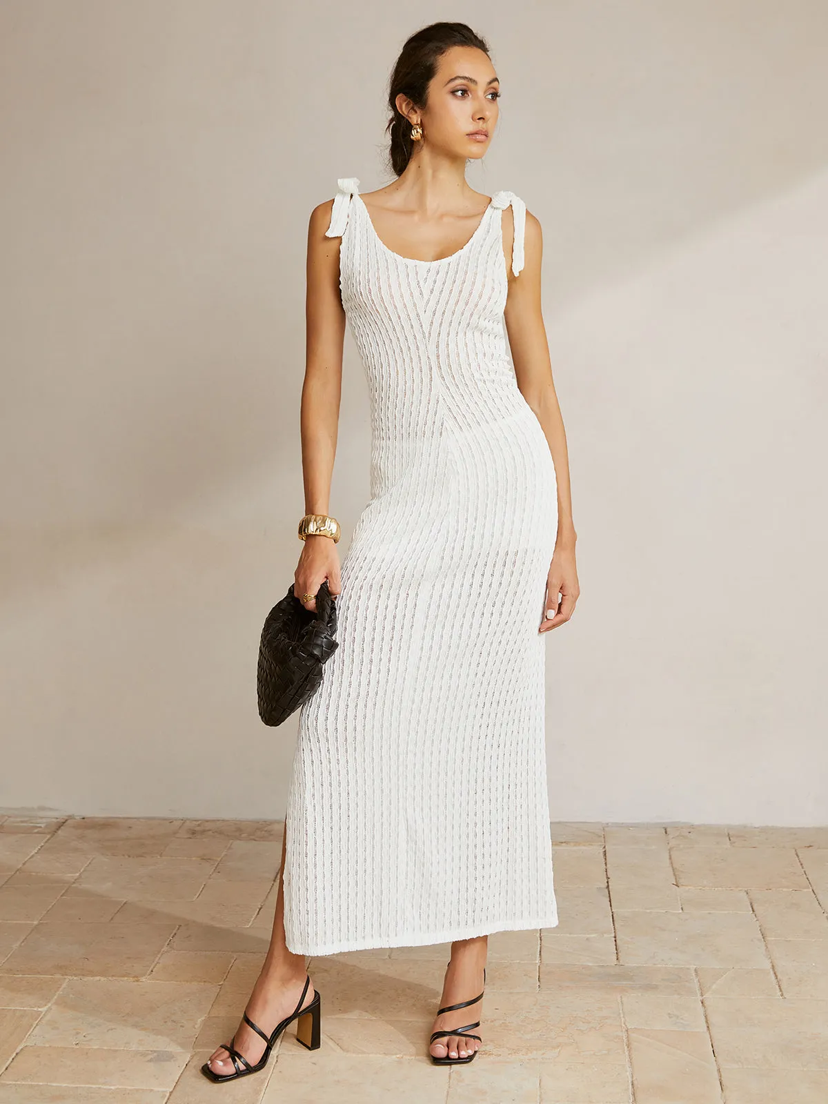 Tie Shoulder Slit Ribbed Long Dress sold by COMMENSE product image thumbnail 4