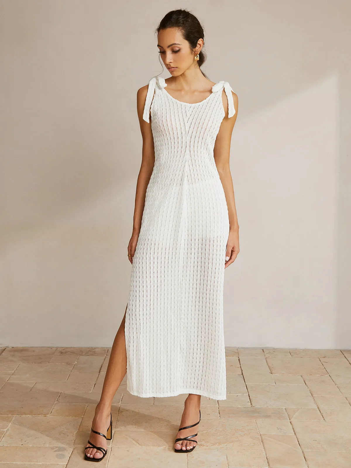 Tie Shoulder Slit Ribbed Long Dress sold by COMMENSE product image thumbnail 2
