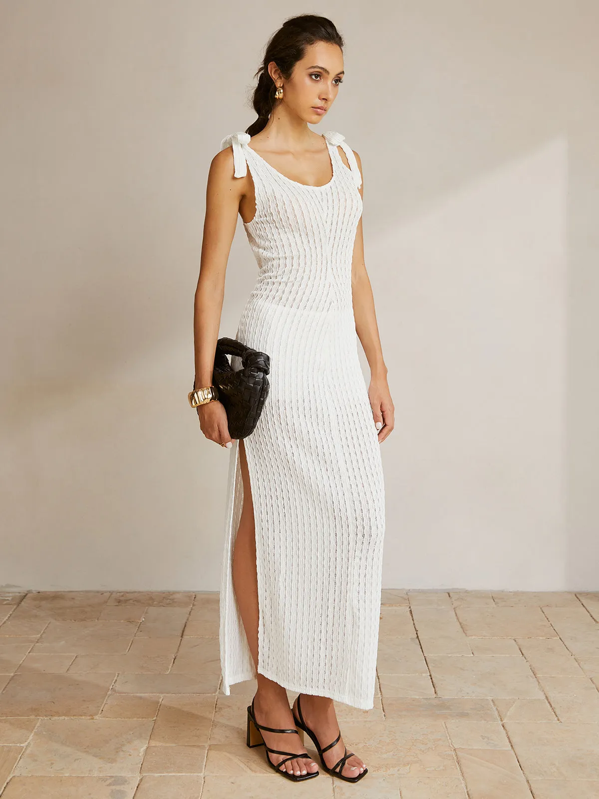 Tie Shoulder Slit Ribbed Long Dress sold by COMMENSE product image thumbnail 3