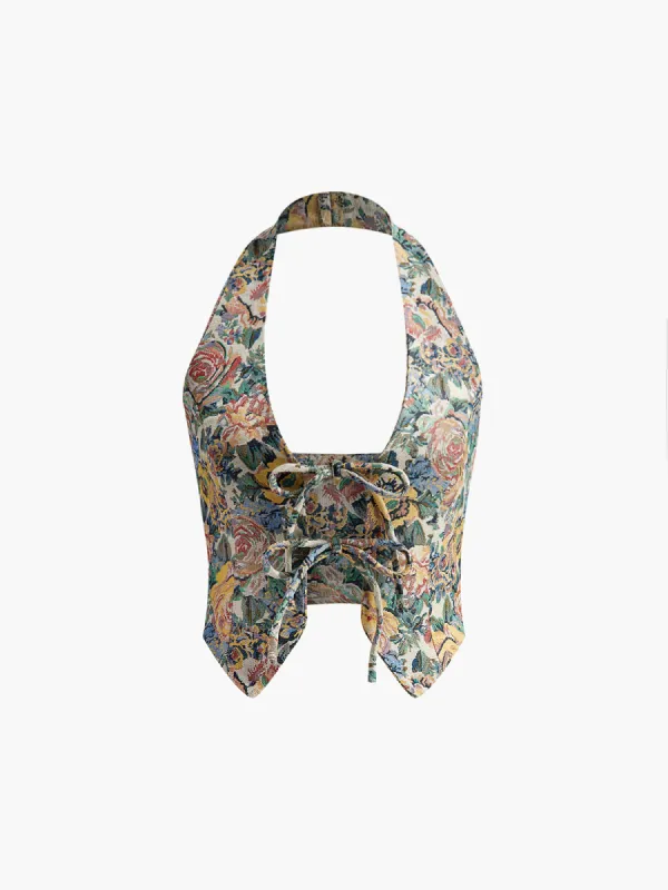 Printed Sexy Halter Tie Front Vest sold by COMMENSE