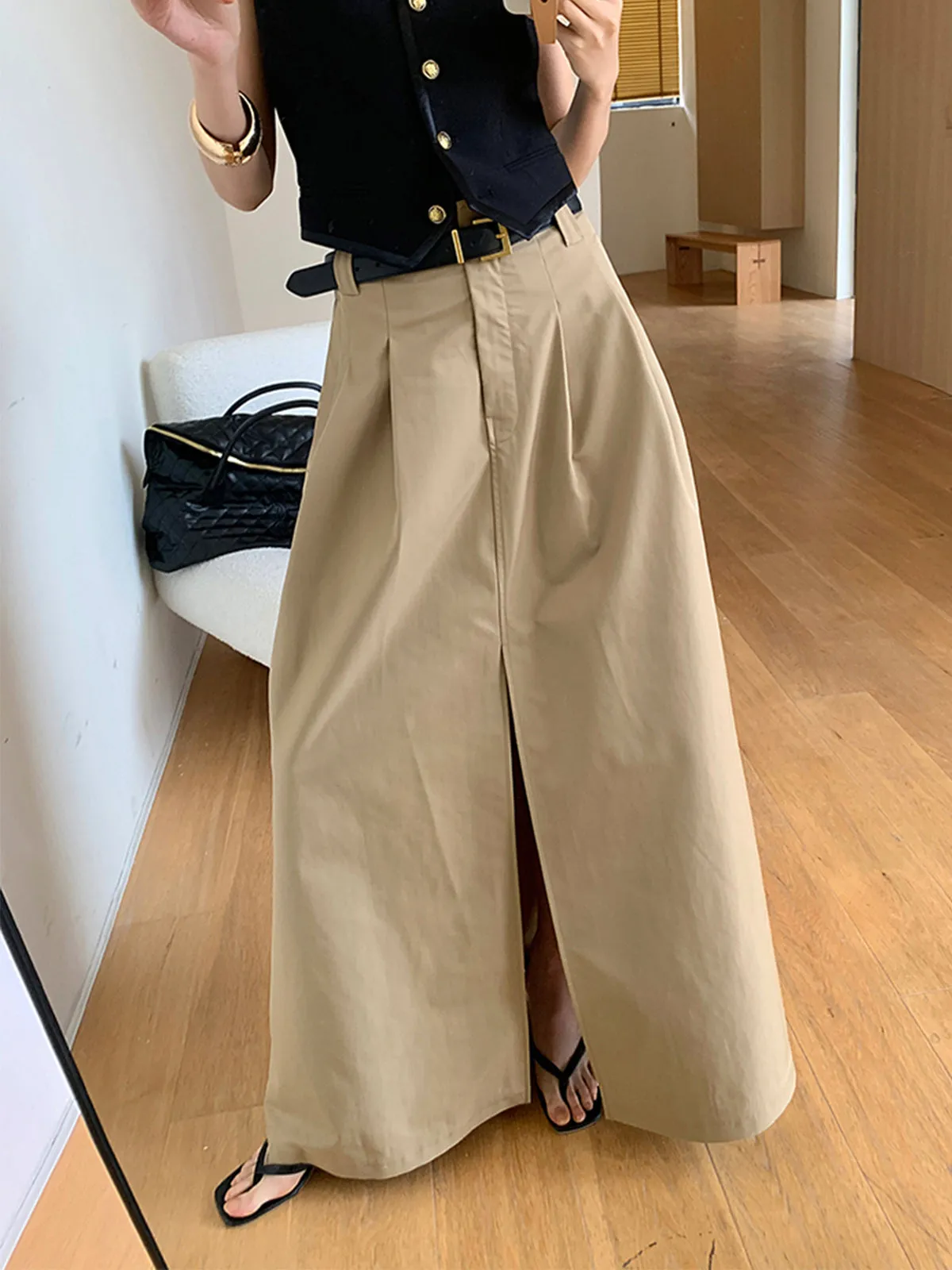 Oversized Cotton Split Maxi Skirt Without Belt sold by COMMENSE product image thumbnail 5