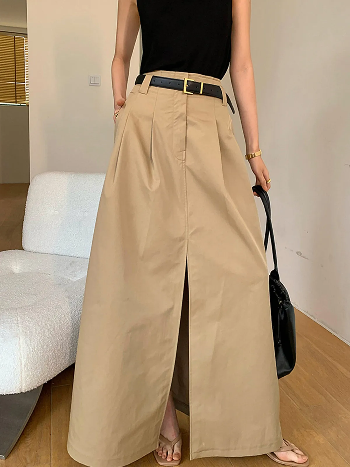 Oversized Cotton Split Maxi Skirt Without Belt sold by COMMENSE product image thumbnail 2