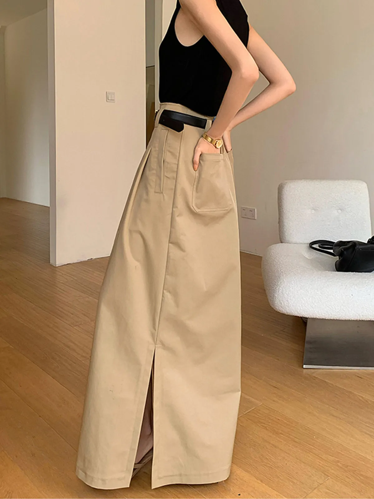 Oversized Cotton Split Maxi Skirt Without Belt sold by COMMENSE product image thumbnail 3