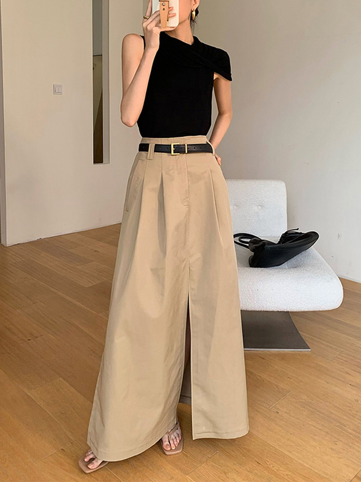 Oversized Cotton Blends Split Maxi Skirt Without Belt sold by COMMENSE product image thumbnail 4