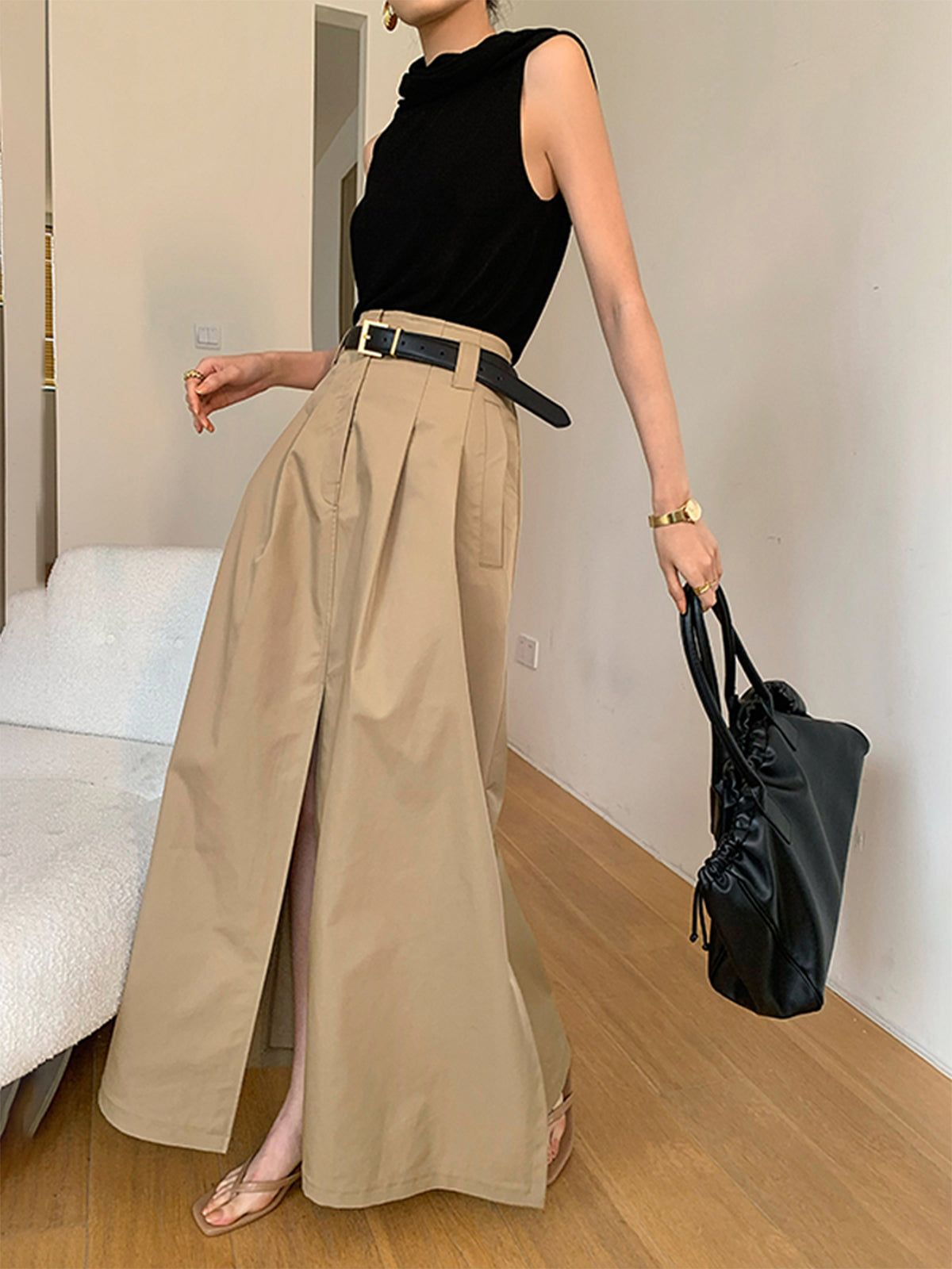 Oversized Cotton Blends Split Maxi Skirt Without Belt sold by COMMENSE