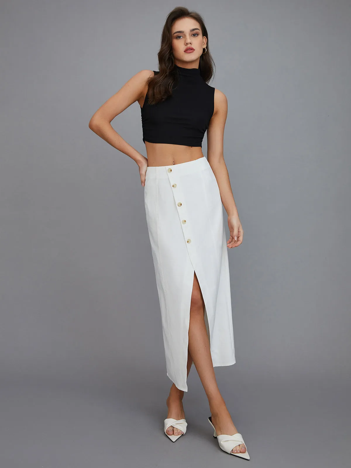 Multi-Button Split Middle Waist Maxi Skirt sold by COMMENSE product image thumbnail 3