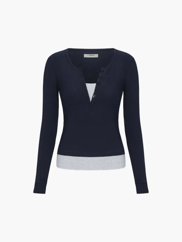 Patchwork Half Buttoned Long Sleeve Shirt sold by COMMENSE