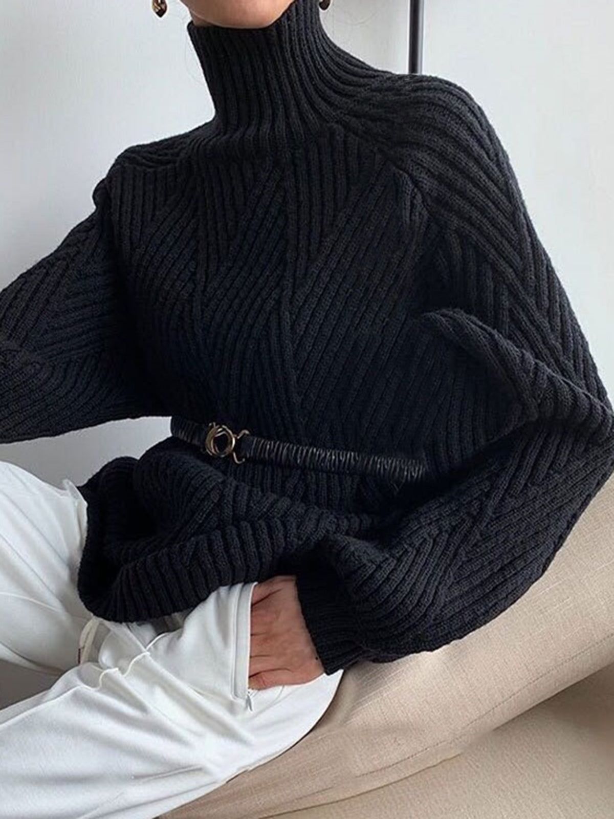Criss Cross Knit Turtleneck Sweater sold by COMMENSE