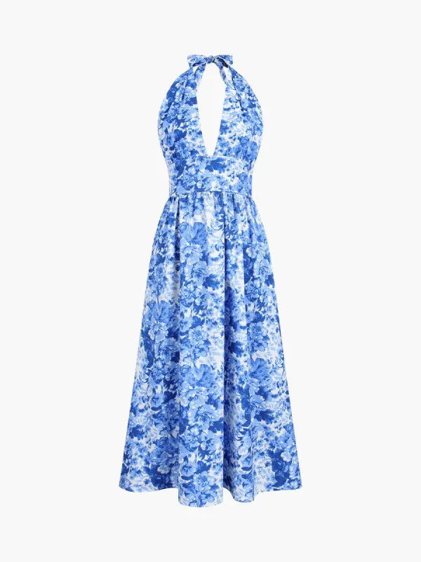 Blue Enchantress Floral Halter Open Back Long Dress sold by COMMENSE