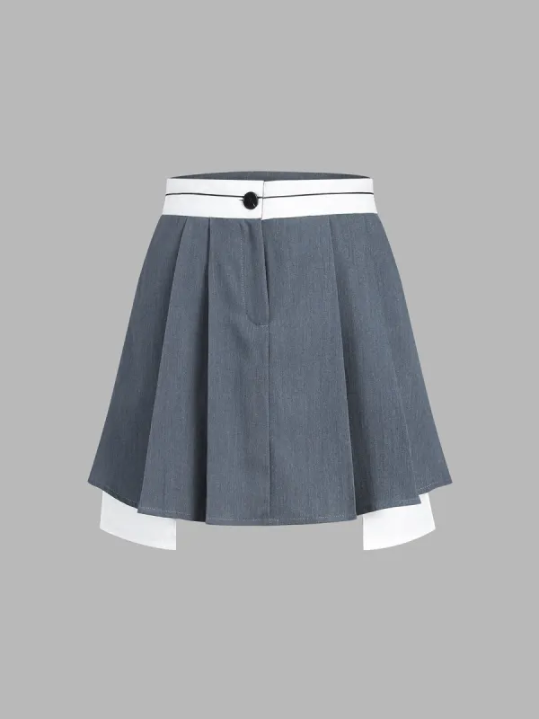 Contrast Waistband Pleat Layered Skirt sold by COMMENSE