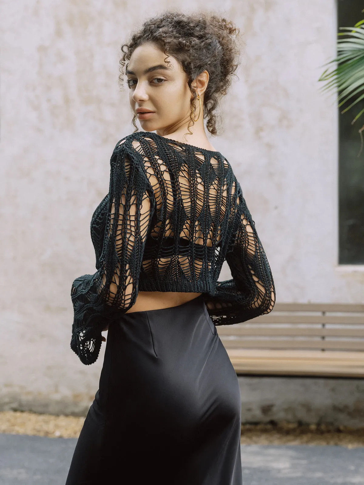 Hollow Sheer Long Sleeve Knit Top sold by COMMENSE product image thumbnail 2