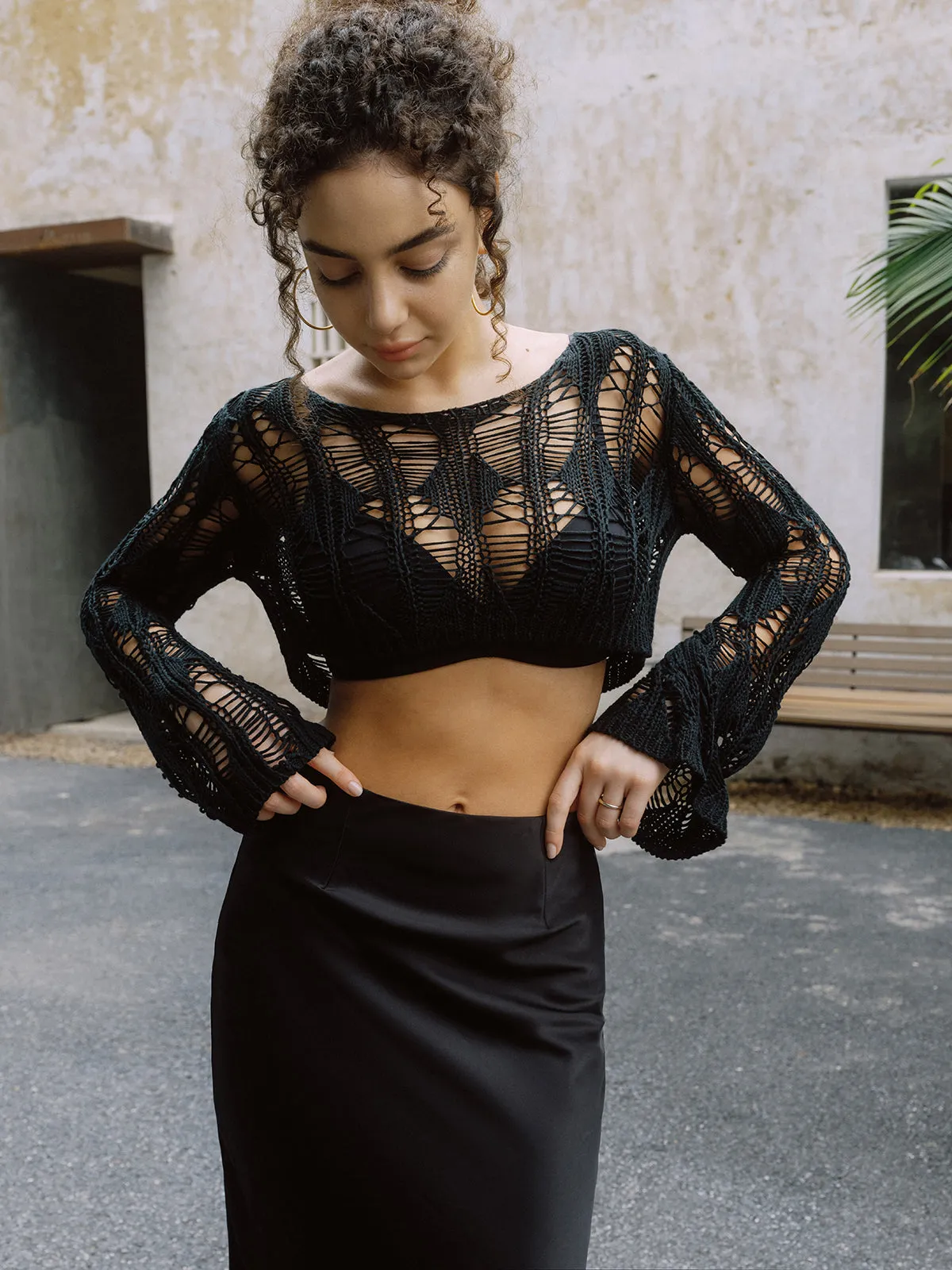 Hollow Sheer Long Sleeve Knit Top sold by COMMENSE product image thumbnail 4