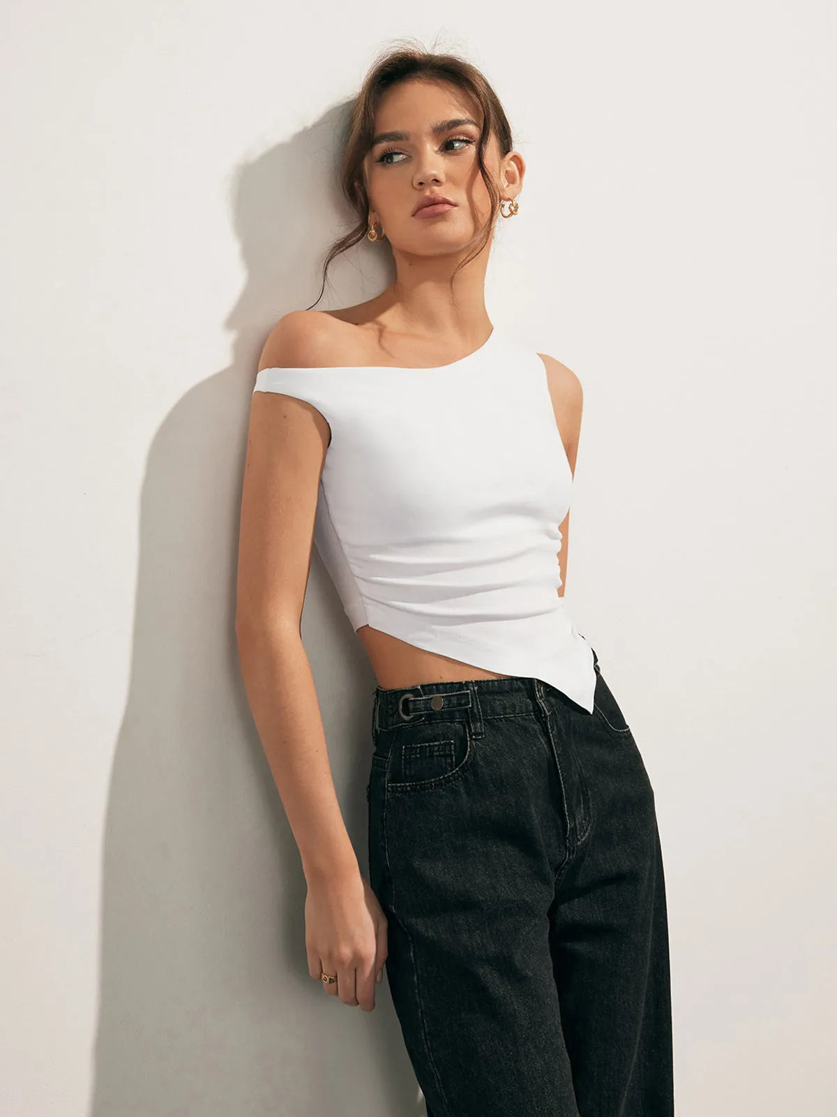 Asymmetrical Neck One Shoulder Off Tank Top sold by COMMENSE product image thumbnail 2