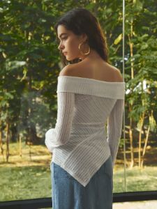 Off Shoulder Overfold Oblique Hem Long Sleeve Knit Top sold by COMMENSE