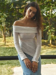 Off Shoulder Overfold Oblique Hem Long Sleeve Knit Top sold by COMMENSE