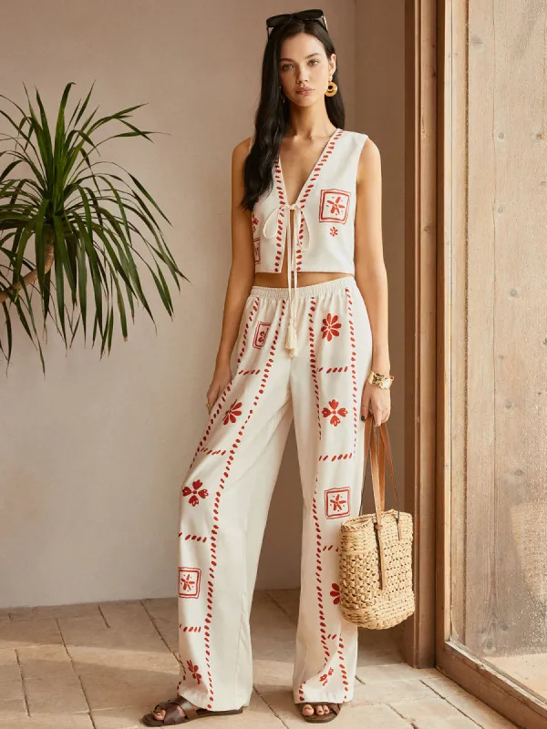 Print Knotted Tassel Pants Set sold by COMMENSE