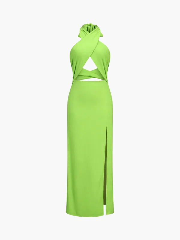 Cutout Halter Tied Open Back Zippered Long Dress sold by COMMENSE