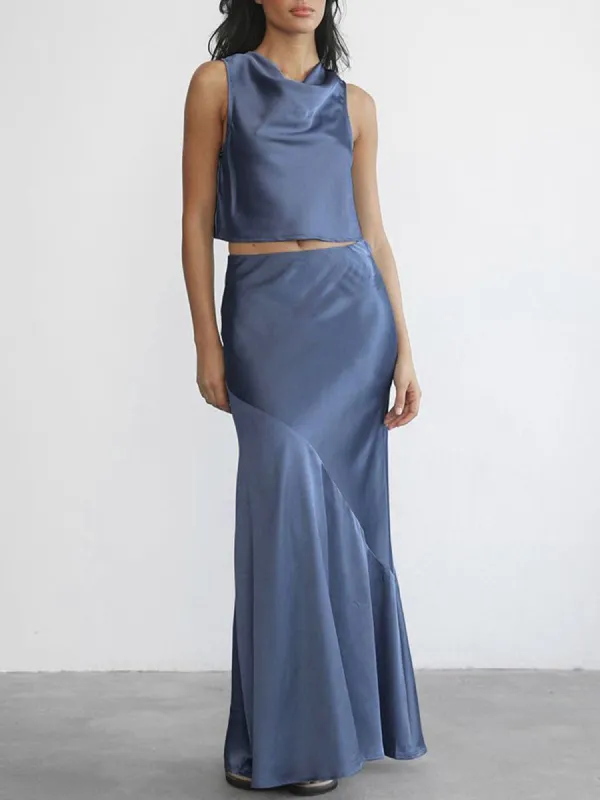 Satin Cowl Neck Two Piece Skirt Set sold by COMMENSE