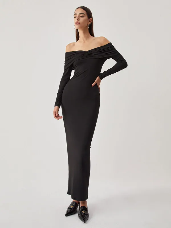 Off Shoulder Ruched Overfold Long Sleeve Long Dress sold by COMMENSE