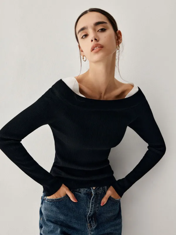 Colorblock Off Shoulder Long Sleeve Knit Top sold by COMMENSE