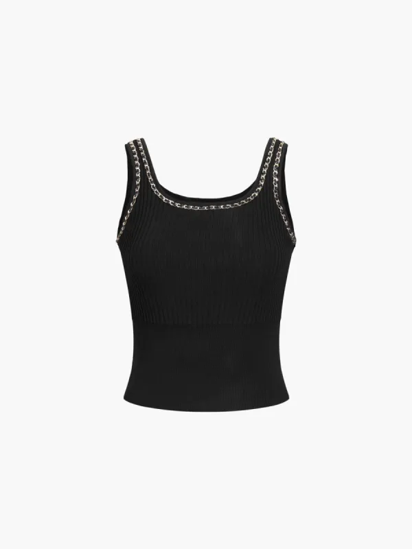 Chain Trim Rib Crop Tank Top sold by COMMENSE