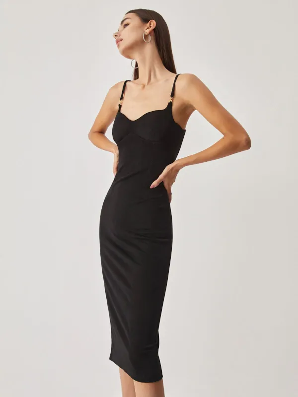 Chain Decor Strap Cup Detail Slit Midi Dress sold by COMMENSE