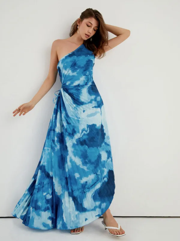 Aqua Tie Dye Pleat Cutout Long Dress sold by COMMENSE