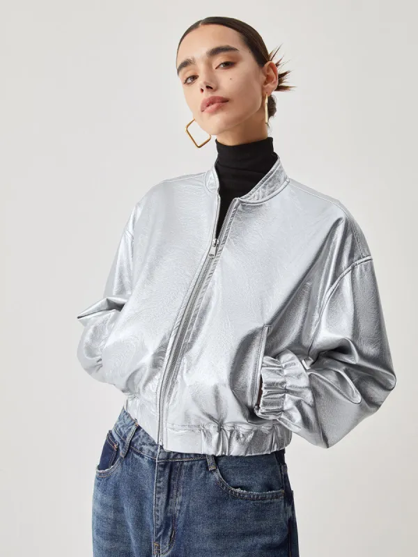 Metallic Leather Crop Bomber Jacket sold by COMMENSE