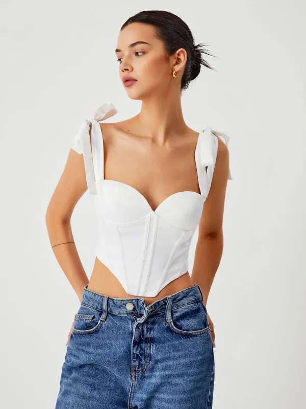 Snow White Tie Shoulder Zippered Crop Corset Top sold by COMMENSE