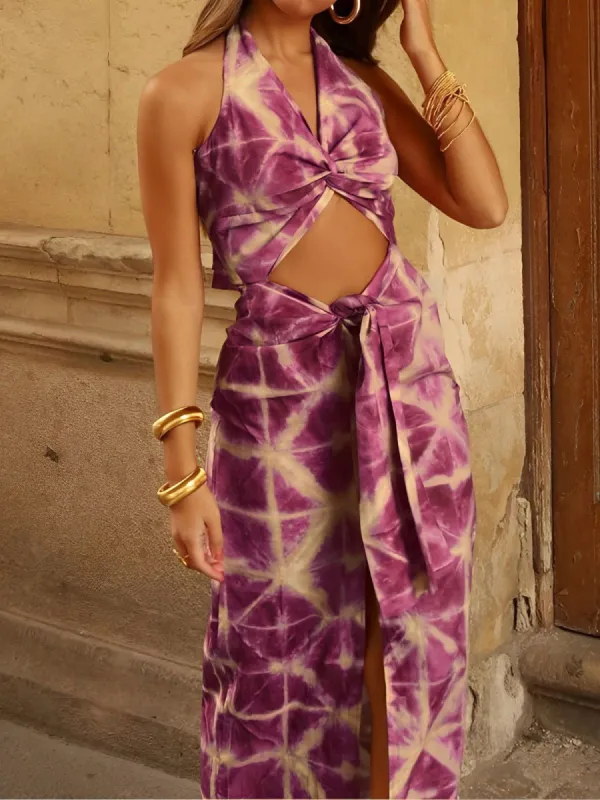 Tie Dye Halter Cutout Zippered Midi Dress sold by COMMENSE