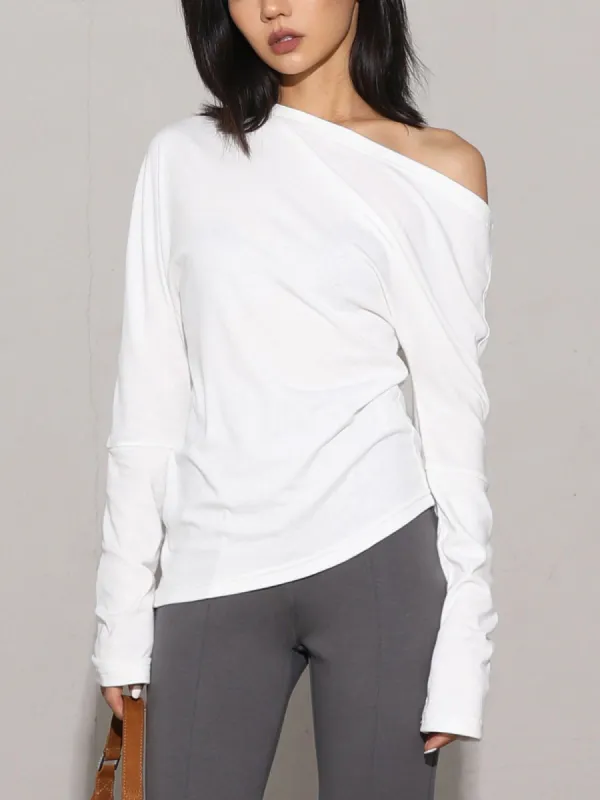 Asymmetric Neck Ruched Long Sleeve Shirt sold by COMMENSE
