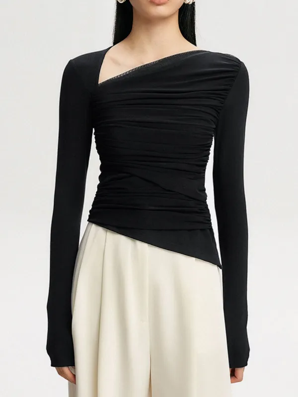 Asymmetric Neckline Oblique Hem Long Sleeve Top sold by COMMENSE