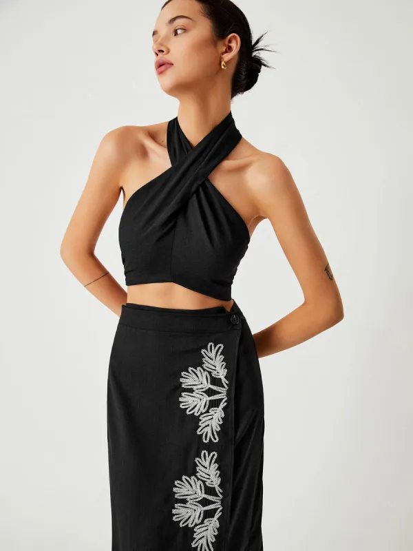 Cross Over Halter Open Back Tied Crop Top sold by COMMENSE