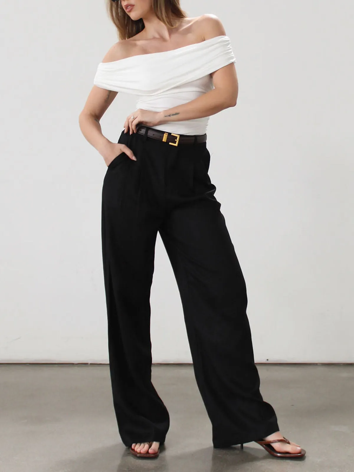 Solid Wide Leg Pants Without Belt sold by COMMENSE product image thumbnail 4