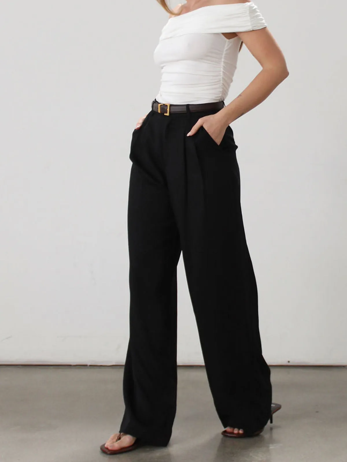 Solid Wide Leg Pants Without Belt sold by COMMENSE