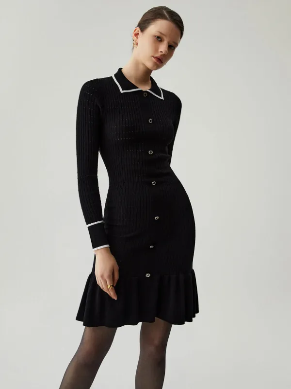 Knit Ruffled Hem Long Sleeve Collar Mini Sweater Dress sold by COMMENSE