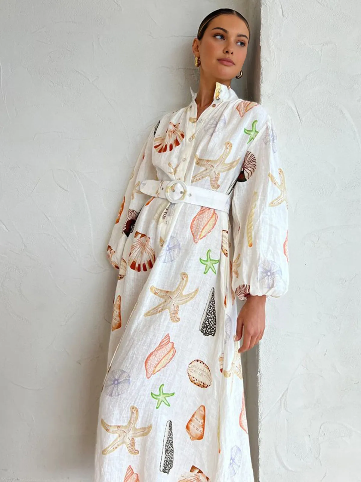 Marine Life Print Button-Front Belted Long Dress sold by COMMENSE