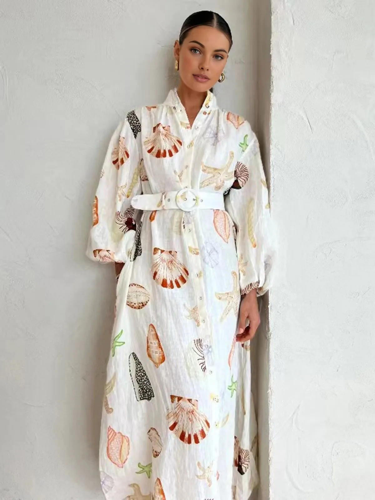 Marine Life Print Button-Front Belted Long Dress sold by COMMENSE product image thumbnail 2