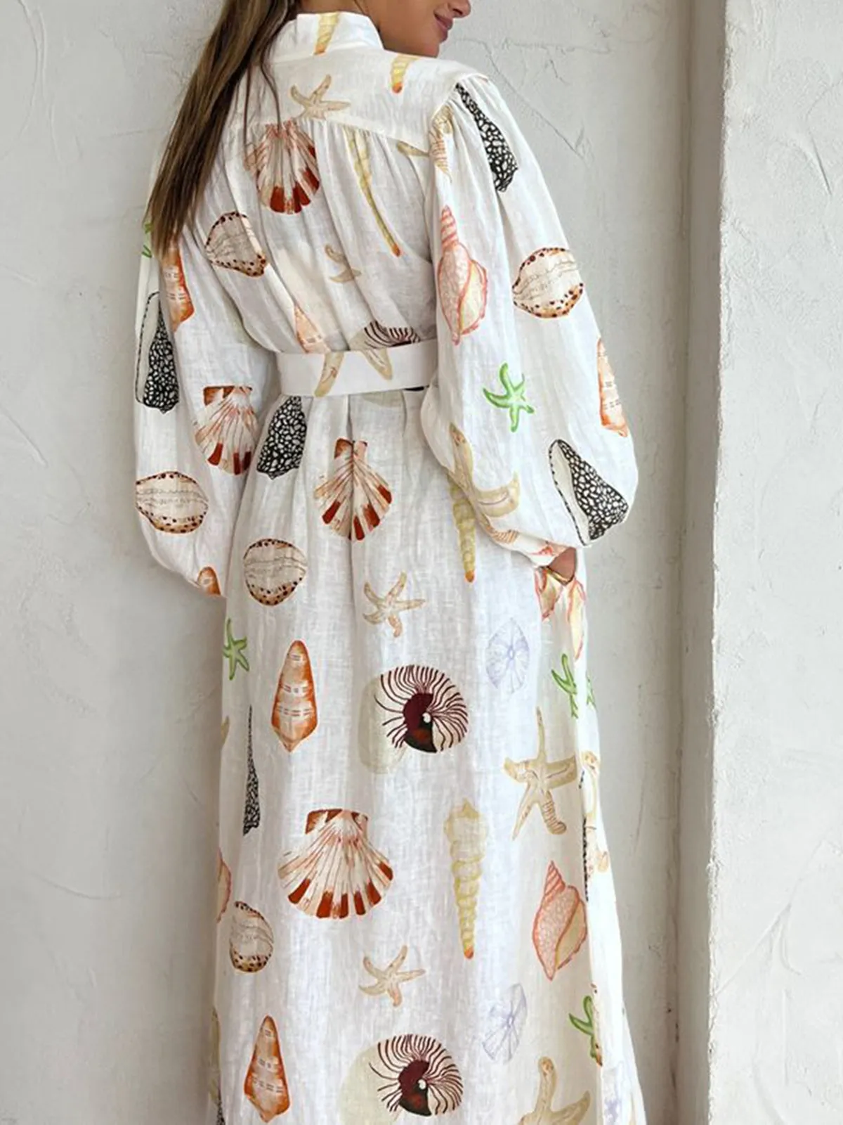 Marine Life Print Button-Front Belted Long Dress sold by COMMENSE product image thumbnail 3
