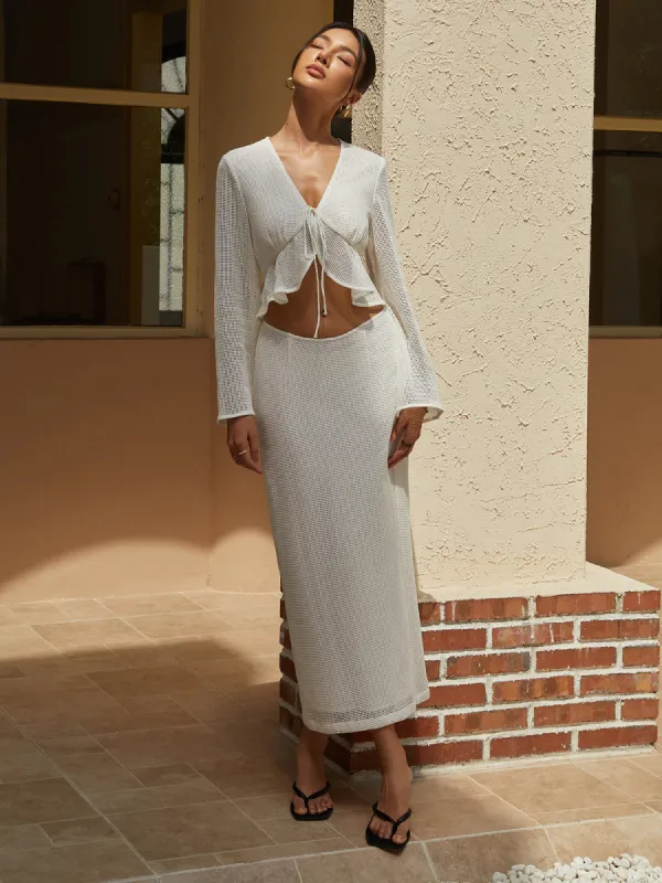 Ruffle Trim Knotted Hollow Skirt Set sold by COMMENSE