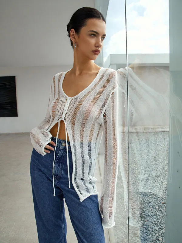 Open Knit Cover Up Tied Top sold by COMMENSE