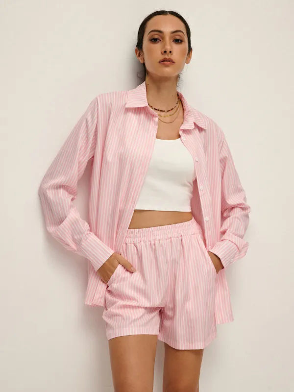 Pinstripe Polo Loose Shorts Set sold by COMMENSE