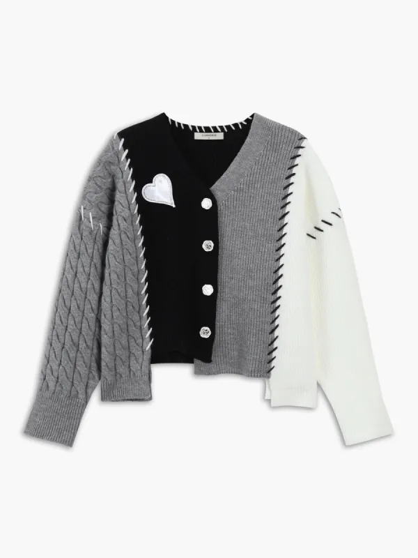 Patchwork Cable Knit Contrast Stitch Cardigan made by COMMENSE