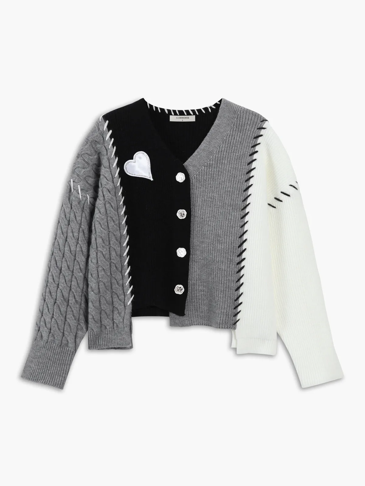 Patchwork Cable Knit Contrast Stitch Cardigan sold by COMMENSE