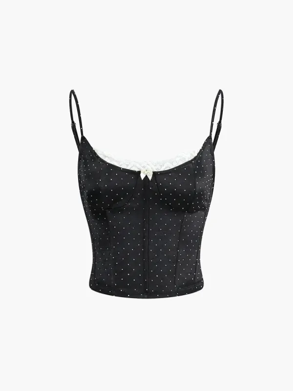 Polka Dot Lace Trim Bow Decor Cami Top sold by COMMENSE