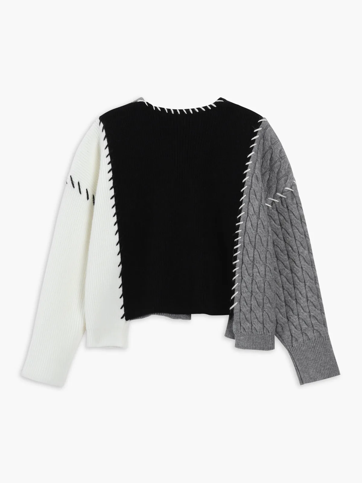 Patchwork Cable Knit Contrast Stitch Cardigan sold by COMMENSE product image thumbnail 2