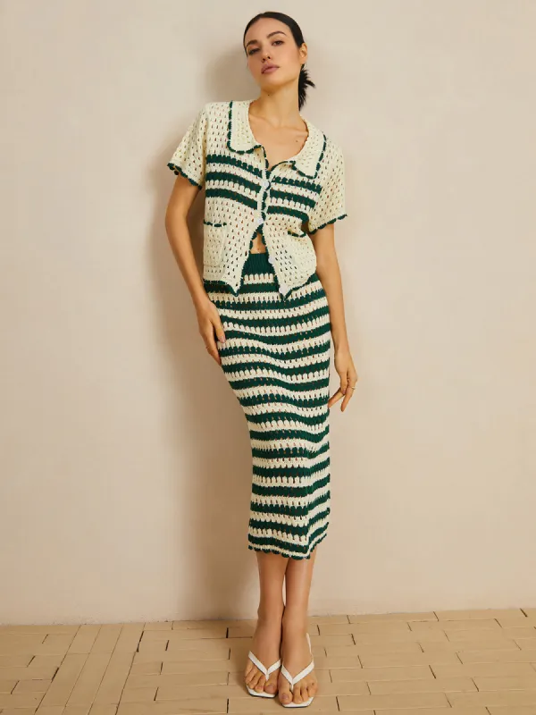 Contrast Trim Striped Skirt Set sold by COMMENSE