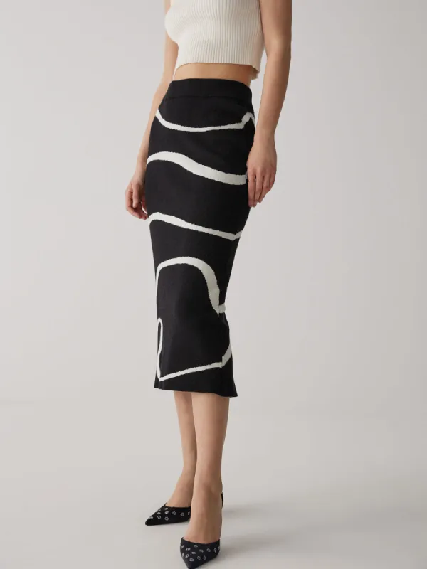 Wave Pattern Knit Midi Skirt sold by COMMENSE