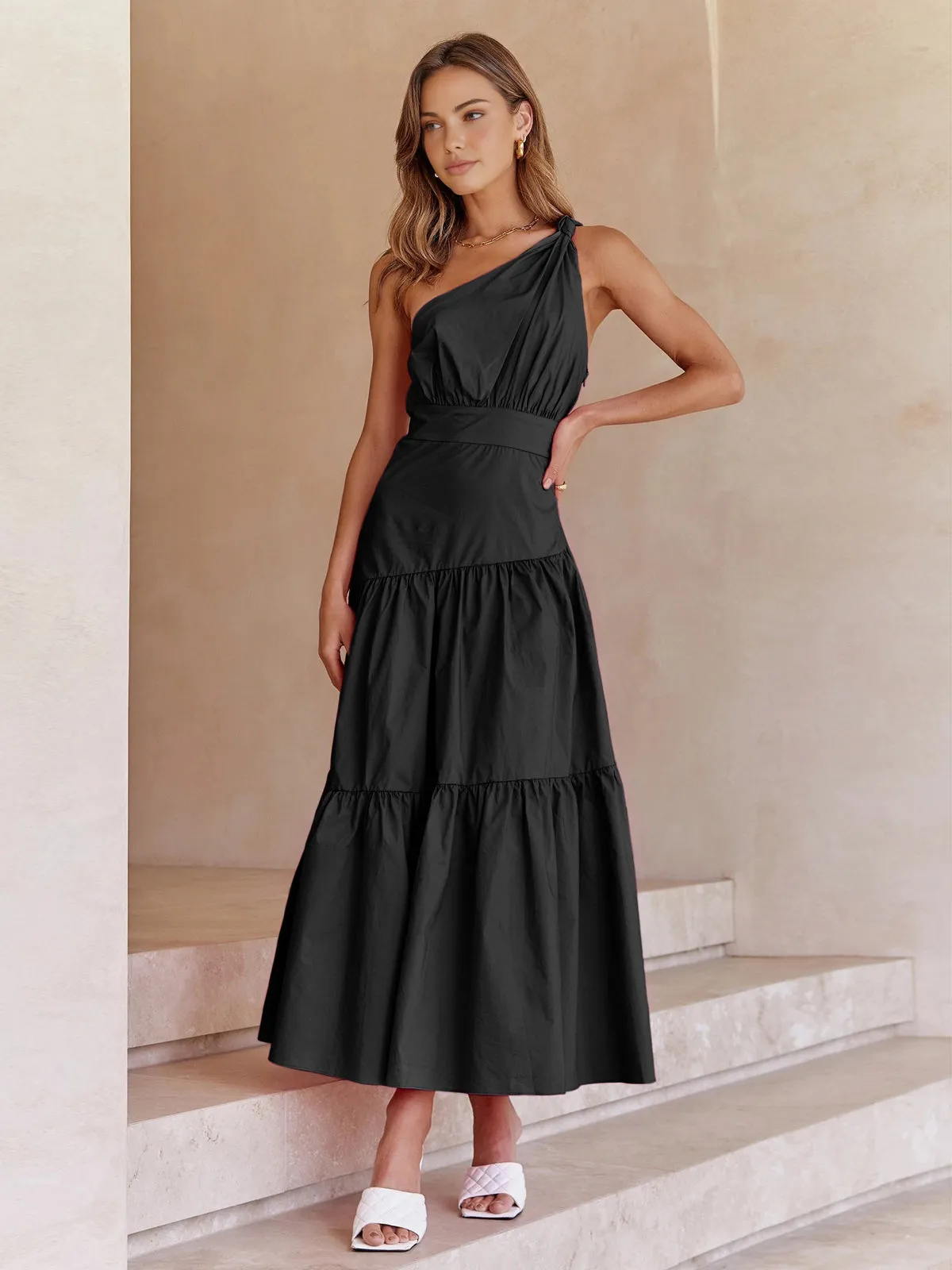 Asymmetric Shoulder Knotted Midi Dress sold by COMMENSE